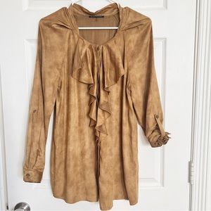 Elie Tahari | Tan Faux Suede Ruffle Front Button Down Top